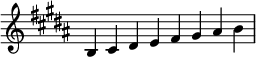 { \omit Score.TimeSignature \relative c' { \key b \major \time 2/1 b cis dis e fis gis ais b} }