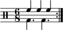 \new Staff << \new voice \relative c' { \clef percussion \time 6/8 \set Score.tempoHideNote = ##t \tempo 4. = 80 \stemDown \repeat volta 2 { g4. g } } \new voice \relative c' { \stemUp \repeat volta 2 { f4 ff } } >>