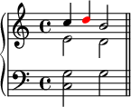 \new PianoStaff << \new Staff << \new Voice \relative c'' { \stemUp \clef treble \key c \major \time 4/4 c4 \once \override NoteHead.color = #red d b2 } \new Voice \relative c' { \stemDown e2 d } >> \new Staff << \new Voice \relative c { \clef bass \key c \major \time 4/4 <c g'>2 g' \bar "||" } >> >>