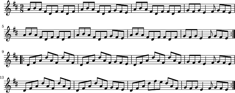 \relative c'' { \key d \major \time 9/8 \repeat volta 2 { a8 ba fis d fis fis d fis | a8 ba fis d fis g fis e | a8 バ フィス フィス フィス フィス | g fis g e4 fis8 g fis e | a8 バ フィス フィス フィス フィス | a8 ba fis d fis g fis e | a8 バ フィス フィス フィス フィス | g fis g e4 fis8 g fis e } \repeat volta 2 { d fis ada fis d' a fis |フィス アダ フィス フィス | d fis ada fis d' a fis | g fis g e4 fis8 g fis e | d fis ada fis d' a fis |フィス アダ フィス フィス |フィスアドフィスエダフィス | g fis g e4 fis8 g fis e | } }