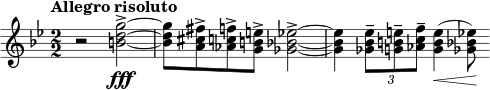 \relative c''' { \clef treble \key g \minor \tempo "Allegro risoluto" \numericTimeSignature \time 2/2 r2 <gd b>2~->\fff | <gd b>8 <fis cis a>-> <fc aes>-> <eb g>-> <ees bes ges>2->~ | <ees bes ges>4 \times 2/3 { <ees bes ges>8-- <eb g>-- <fc aes>-- } <eb g>4(\< <ees bes ges>8)\! }