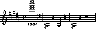 \relative c'''' { \clef treble \time 4/4 \key b \major <dis b fis dis>1\ppp | \clef bass c,,,,,4 rcr | cr r2 \bar "|." }