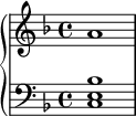 \new PianoStaff << \new Staff { \key f \major a'1 } \new Staff { \key f \major \clef bass <ce bes> } >>