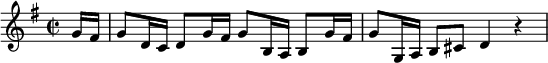 
\relative c'' { \set Staff.midiInstrument = #"violin" \clef treble \time 2/2 \key g \major \set Score.tempoHideNote = ##t \tempo 4 = 96 \partial8 g16 fis 16 g8[ d16 c] d8[ g16 fis] g8[ b,16 a] b8[ g'16 fis] g8[ g,16 a] b8[ cis] d4 r }