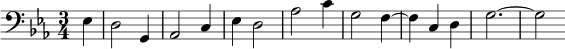 \relative c { \clef bass \key ees \major \time 3/4 \partial 4*1 ees | d2 g,4 | aes2 c4 | ees d2 | aes' c4 | g2 f4~ | fcd | g2.~ | g2 }