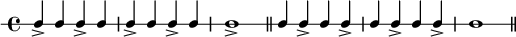 
\new RhythmicStaff { \clef percussion \time 4/4 \set Score.tempoHideNote = ##t \tempo 4 = 100 c4-> c c-> c c-> c c-> c c1-> \bar "||" c4 c-> c c-> c c-> c c-> c1 \bar "||" }
