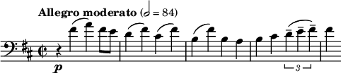\relative c' { \clef brass \key d \major \time 2/2 \tempo "アレグロ モデラート" 2 = 84 \set Staff.midiInstrument = "チェロ" r4\p fis( a) fis8 e d4( fis) cis ( fis) b,( fis') b, a b cis \times 2/3 {d--( e--フィス --)} フィス }