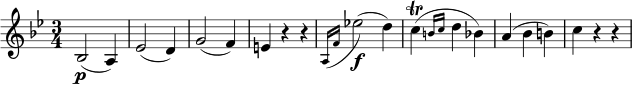 \relative bes { \key bes \major \time 3/4 bes2( \p a4) | es'2( d4) | g2( f4) | e4 rr \appoggiatura { a,16 f' } es'!2( \f d4) | \afterGrace c4( \trill { b16 c } d4 bes) a4( bes b) | c4 rr }