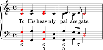 
    { \override Score.SpacingSpanner.strict-note-spacing = ##t \set Score.proportionalNotationDuration = #(ly:make-moment 1/8) \new PianoStaff << \new Staff << \new Voice \relative c' { \clef treble \time 4/4 \once \override NoteHead.color = #red <c g'>4 <c f> \once \override NoteHead.color = #red <c e> c \stemDown c4 b \once \override NoteHead.color = #red c2 } \addlyrics { 彼の天国へ -- ly pal -- ace gate. } \new Voice \relative c' { s1 \stemUp d4. d8 \once \override NoteHead.color = #red c2 } >> \new Staff << \new Voice \relative c, { \clef bass \time 4/4 \once \override NoteHead.color = #red <e g'>4 <f a'> \once \override NoteHead.color = #red <g g'> <a e'> <f a'> \stemDown g \once \override NoteHead.color = #red c2 } \new Voice \relative c' { s1 s4 \stemUp g8 f \once \override NoteHead.color = #red e2 } \figures { <6>2 <6 4>2 <6 5>4. <7>8 } >> >> }
