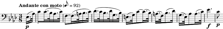 \relative c{ \clef bass \key as \major \time 3/8 \tempo "Andante con moto" 8=92 \partial 8 es16.(\p as32) | c8_. 16.( bes32 as16. c32) | f,8~ 16.( a32 bes16. c32) des16.( c32 bes16. des32 g,16. bes32) e,16.( g32) c8~ 16.( bes32) a16.( f32) bes8.( des16) g,16.( es32) as8 16.( c32) es4.\f c8\p}