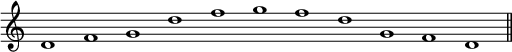 \relative c' { \cadenzaOn \omit Staff.TimeSignature \tempo 1 = 90 \set Score.tempoHideNote = ##t d1 fg d' fgfdg, fd \bar "||" }