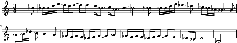 {\set Staff.midiInstrument = #"木琴" \time 3/4 \skip2 \skip8 bes'8 bes'16 bes'16 d''16 f''16 es''16 d''16 es''8 ~ es''8 es''8 d''16 bes'8。 c''16 as'8。 bes'4 ~ bes'2 r8 bes'8 bes'16 bes'16 d''16 f''16 es''4。 des''8 ces''8 bes'16 as'16 ges'4。 ges'8 as'8 bes'16 des''16 ces''8 bes'4 as'8 ges'16 f'16 ges'16 f'16 es'16 f'16 ges'8 ~ ges'8 as' 8 ges'16 f'16 ges'16 f'16 es'16 f'16 ges'8 ~ ges'8 f'8 es'8 des'8 es'2 bes2 \skip4}