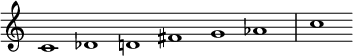 { \override Score.TimeSignature #'stencil = ##f \set Score.tempoHideNote = ##t \tempo 1 = 120 \relative c' { \cadenzaOn c1 des d fis g aes \bar "|" c } }