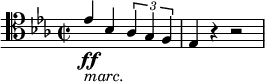 { \new PianoStaff << \new Staff \relative es' { \set Staff.midiInstrument = #"piano" \set Score.tempoHideNote = ##t \stemUp \tempo 2 = 55 \clef "tenor" \key es \major \time 2/2 es4 _\markup{ \italic {marc.} } \ff bes4 \times 2/3 { as4 g4 f4 } | % 2 es4 r4 r2 } >> }