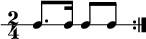 
\new RhythmicStaff { \clef percussion \time 2/4 \repeat volta 2 { c8. c16 c8[ c] } }
