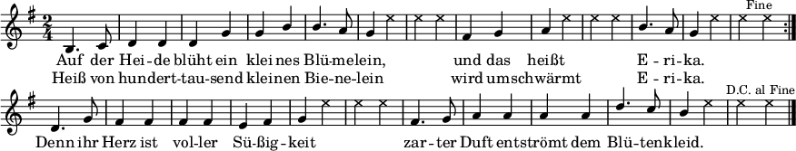 \header { tagline = ##f } \paper { paper-width = 240\mm } \layout { indent = 0 \context { \Score \remove "Bar_number_engraver" } } global = { \key g \major \numericTimeSignature \time 2/4 } heidetenor = \relative c'' { b,4. c8 | d4 d | dg | gb | b4. a8 | g4 s | s2 | fis4 g | as | s2 | b4. a8 | g4 s | s2 } tenorVoice = \relative c'' { \global \set midiInstrument = #"brass section" \voiceOne \dynamicUp \repeat volta 2 { \heidetenor \bar ":|." } d,4. g8 |フィス4フィス |フィスフィス |はい | GS | s2 |フィス4。 g8 | a4a |ああ | d4. c8 | b4s | s2 \bar "|." } verse = \lyricmode { Auf der Hei -- de blüht ein klei -- nes Blü -- me -- lein, und das heißt E -- ri -- ka. Denn ihr Herz ist vol -- ler Sü -- ßig -- keit zar -- ter Duft ent -- strömt dem Blü -- ten -- kleid. } verseR = \lyricmode { Heiß von hun -- dert -- tau -- send klei -- nen Bie -- ne -- lein wird um -- schwärmt E -- ri -- ka. } heideshots = { s2*5 |s4 \override NoteHead #'style = #'cross e4 | ee | s2 | s4 e | ee | s2 | s4 e | e \mark \markup \small "Fine" e \bar ":|." } shots = \relative c'' { \global \set midiInstrument = #"gunshot" \voiceTwo \repeat volta 2 { \heideshots } s2*4 | s4 e | ee | s2*4 | s4 e | e \mark \markup \small "DC al Fine" e \bar "|." } \score { << \new Voice = "singer" { \tenorVoice } \addlyrics { \verse } \addlyrics { \verseR } \\ \new Voice = "shots" { \shots } >> \layout { } } \score { \unfoldRepeats { << \tenorVoice \\ \shots >> << \heidetenor \\ \heideshots >> } \midi { \tempo 4=120 \context { \Score midiChannelMapping = #'instrument } \context { \Staff \remove "Staff_performer" } \context { \Voice \consists "Staff_performer" } } }