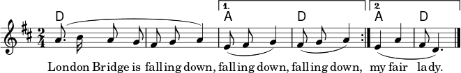 \header { tagline = ##f } \layout { indent = 0 \context { \Score \remove "Bar_number_engraver" } } global = { \key d \major \numericTimeSignature \time 2/4 \autoBeamOff } chordNames = \chordmode { \global \set chordChanges = ##t \set midiInstrument = "acoustic guitar (nylon)" \transpose cc, { \repeat volta 2 { d2\p | d | } \alternative { { a | d | } { a | d } } \bar "|." } } melody = \relative c'' { \global \set melismaBusyProperties = #'() \set midiInstrument = "clarinet" \repeat volta 2 { a8. (b16 a8 g8 | fis8 g8 a4) | } \alternative { { e8 (fis8 g4) | fis8 (g8 a4) | } { e4 (a4 | fis8 d4.) } } \bar "|." } verse = \lyricmode { ロンドン橋が崩れ落ちる、崩れ落ちる、崩れ落ちる、私の美しい淑女よ。 } \score { << \new ChordNames \chordNames \new Staff { \melody } \addlyrics { \verse } >> \layout { } } \score { \unfoldRepeats { << \chordNames \\ \melody >> } \midi { \tempo 4=102 \context { \Score midiChannelMapping = #'instrument } \context { \Staff \remove "Staff_performer" } \context { \Voice \consists "Staff_performer" } } }