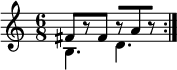 
\new Staff << \new voice \relative c' { \clef treble \time 6/8 \set Score.tempoHideNote = ##t \tempo 4. = 80 \stemDown \repeat volta 2 { b4. d } } \new voice \relative c' { \stemUp \repeat volta 2 { fis8[ r fis] r[ ar] } } >>
