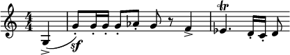 \relative c' { \clef treble \numericTimeSignature \time 4/4 \key c \major \partial 4*1 g->( | g'8\sf-.) g16-. g-. g8-. aes-. gr f4-> | ees4.\trill d16-. c-. d8 }