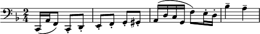 \relative c { \clef bass \key f \major \time 2/4 c,16( a' f8) c-. d-. e-. f-. g-. gis-. a16( dcg f'8) e16-. d-. bes'4-- a-- }