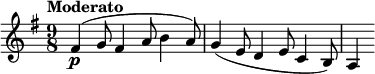 \relative c' { \set Staff.midiInstrument = #"チェロ" \音部高音 \キー e \マイナー \テンポ "モデラート" \time 9/8 fis4(\p g8 fis4 a8 b4 a8) | g4( e8 d4 e8 c4 b8) | a4 }