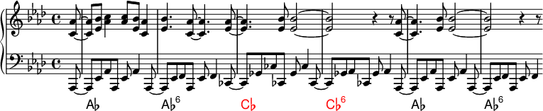 \ language english \new PianoStaff << \new Staff \fixed c' { \omit Score.MetronomeMark \tempo 4=140 \key af \major \partial 8 <c af>8~ | 8 <ef bf> <af c'>4 8 <ef bf> <c af>4 | <ef bf>4. <c af>8~ 4. <ef af>8~ | 4. <ef bf>8 2~ | 2 r4 r8 <c af>~ | 4. <ef bf>8 2~ | 2 r4 r8 } \new Staff \fixed c, { \音部記号 低音 \key af \major af,8~ | 8 ef af af、ef af4 af、8~ | 8 ef f af、ef f4 cf8~ | 8 GF CF' CF GF CF'4 CF8~ | 8 GF AF CF GF AF4 AF,8~ | 8 ef af af、ef af4 af、8~ | 8 ef f af, ef f4 } \new ChordNames \chordmode { \set midiMinimumVolume = 0 s8 | 8 AF1 | AF:6 | \override ChordName.color = red cf |参照:6 | \override ChordName.color = ##f af | af2..:6 } >>