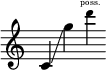 { \new Staff \with { \remove "Time_signature_engraver" } \clef treble \key c \major \cadenzaOn c' \glissando g'' \tweak font-size #-2 d''' \finger \markup \text "poss." }