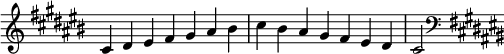 { \omit Score.TimeSignature \relative c' { \key cis \major \time 7/4 cis dis eis fis gis ais bis cis bis ais gis fis eis dis cis2 \clef F \key cis \major } }