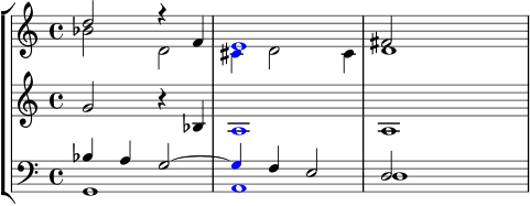 { \override Score.SpacingSpanner.strict-note-spacing = ##t \set Score.proportionalNotationDuration = #(ly:make-moment 1/8) << \new StaffGroup << \new Staff << \new Voice \relative c'' { \clef treble \time 4/4 \key c \major \voiceOne d2 r4 f, \once \override NoteHead.color = #red e1 fis2 } \new Voice \relative c'' { \clef treble \time 4/4 \key c \major \voiceTwo bes2 d, \once \override NoteHead.color = #red cis4 d2 cis4 d1 } >> \new Staff << \new Voice \relative c'' { \clef treble \time 4/4 \key c \major \stemUp g2 r4 bes, \once \override NoteHead.color = #red a1 a } >> \new Staff << \new Voice \relative c' { \clef bass \time 4/4 \key c \major \voiceOne bes4 a g2~ \once \override NoteHead.color = #red g4 f e2 d } \new Voice \relative c { \clef bass \time 4/4 \key c \major \voiceTwo g1 \once \override NoteHead.color = #red ad } >> >> >> }