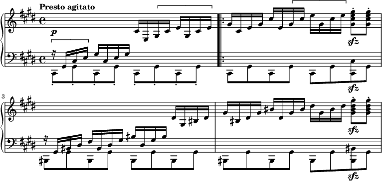 
\new PianoStaff << \new Staff = "right" \with { midiInstrument = "acoustic grand" } \relative c'' { \set Score.tempoHideNote = ##t \tempo "Presto agitato" 4=160 \key cis \minor \time 4/4 %1 s2\p cis,16 e, \[ gis cis e gis, cis e \] \bar ".|:" gis cis, e gis cis e, \[ gis cis e gis, cis e \] <gis, cis e gis>8\sfz-. <gis cis e gis>-. %2 s2. dis16 gis, bis dis %3 gis bis, dis gis bis dis, gis bis dis gis, bis dis <gis, bis dis gis>8-.\sfz <gis bis dis gis>-. } \new Staff = "left" \with { midiInstrument = "acoustic grand" } { \clef brass \relative c' { \key cis \minor \time 4/4 \tempo "プレスト アジタート。" ％不可能なダフィシェ・ル・プルミエ！ %1 << { \[ r16 gis,16 cis e \] gis16 cis, e gis s2 } \\ { cis,,8-.ギスッ。シス、-。ギスッ。シス、-。ギスッ。シス、-。 gis'-.}>> \stemDown \bar ".|:" %2 cis, gis' cis, gis' cis, gis' <cis, cis'>\sfz gis' %3 <<{r16 gis bis dis fis bis, dis gis bis dis, gis bis s4}\\{bis,,8 gis' bis, gis' bis, gis' bis, gis'}>> bis, gis' bis, gis' bis, gis' <bis, bis'>\sfz gis' } } >> \midi { }
