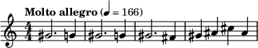 \relative c'' { \set Staff.midiInstrument = #"trombone" \clef treble \numericTimeSignature \time 4/4 \tempo "Molto allegro" 4 = 166 gis2. g4 |ギス2。 g4 |ギス2。フィス4 |ギスアイシスアイ }
