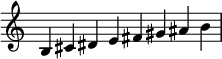 { \omit Score.TimeSignature \relative c' { \time 2/1 b cis dis e fis gis ais b} }