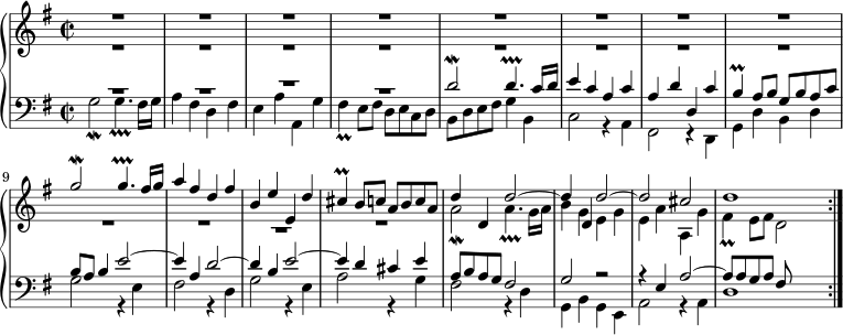 \new PianoStaff << \new Staff << \new Voice \relative c''' { \key g \major \time 2/2 \voiceOne R1*8 | g2\mordent g4.\prallprall fis16 g | a4 fis d fis | b,4 ee, d' | cis4\prall b8 cabca | d4 d, d'2~ | d4 d, d'2~ | d2 cis | d1 | \bar ":|." } \new Voice \relative c'' { \voiceTwo R1*10 | \once \override MultiMeasureRest.staff-position = -8 R1 | R1 | a2\mordent a4.\prallprall g16 a | b4 geg | e4 aa, g' | fis4\prall e8 fis d2 | } >> \new Staff << \new Voice \relative c' { \key g \major \clef bass \voiceOne \override MultiMeasureRest.staff-position = 4 R1*2 | \override MultiMeasureRest.staff-position = 6 R1 | \override MultiMeasureRest.staff-position = 4 R1 | d2\mordent d4.\prallprall c16 d | e4 cac | a4 dd, c' | b4\prall a8 bgbac | b8 a b4 e2~ | e4 a, d2~ | d4 b e2~ | e4 d cis e | a,8 bag fis2 | g2 r | r4 e a2~ | a8 aga fis | } \new Voice \relative c' { \voiceTwo g2\mordent g4.\prallprall fis16 g | a4 フィス d フィス | e4 aa、g' | fis4\prall e8 fis decd | b8 デフィス g4 b、 | c2r4a |フィス2r4d | g4 d' bd | g2 r4 e |フィス2r4d | g2 r4 e | a2r4g |フィス2r4d | g,4 bge | a2 r4 a | d1 | } >> >>