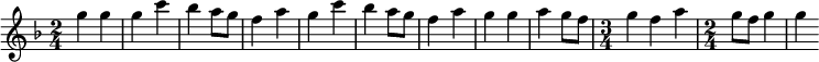 \relative { \key f \major \time 2/4 \set Score.tempoHideNote = ##t \tempo 4 = 128 {g''4 g4 | g4 c4 | bes4a8g8 | f4a4 | g4 c4 | bes4a8g8 | f4a4 | g4 g4 | a4 g8 f8 | \time 3/4 g4 f4 a4 | \time 2/4 g8 f8 g4 | g4} }