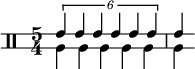 << \relative c' { \override Staff.StaffSymbol.line-positions = #'(-2 2) \clef percussion \time 5/4 \override TupletNumber.text = #tuplet-number::calc-fraction-text \tuplet 6/5 { e4 eeeee } e4 } \\ \relative c' { a4 aaaaa } >>