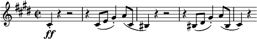 \relative c' { \key cis \minor \time 2/2 \set Score.tempoHideNote = ##t \tempo 2 = 132 \set Staff.midiInstrument = "violin" cis4-.\ff r4 r2 | r4 cis8(e gis4-.) a8(cis, | bis4) r4 r2 | r4 bis8(dis gis4-.) a8(bis, | cis4) r4 }
