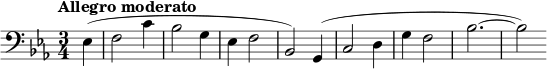 \relative c { \clef brass \time 3/4 \key ees \major \tempo "アレグロ モデラート" \partial 4*1 ees( f2 c'4 | bes2 g4 | ees f2 | bes,2) g4( | c2 d4 | g f2 | bes2.~ | bes2) }
