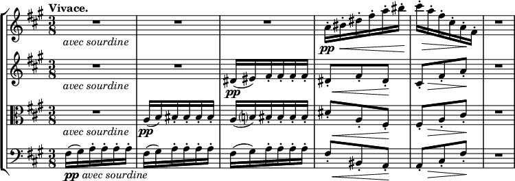 \new StaffGroup << \new Staff { \relative c' { \key fis \minor \time 3/8 \tempo 「ヴィヴァーチェ。」 \set Staff.midiInstrument = "ヴァイオリン" \set Score.tempoHideNote = ##t \tempo 4. = 88 R2*3/4*3_\markup{ \italic {avec sourdine} } a'16-.\pp \<ビス-。ディス。フィス~。あ~。 <<ビス。 { s32 s\! } >> << cis16-. { s32 s\> } >> a16-。フィス~。シス-。ああ、\!フィス~。 R2*3/4 } } \new Staff { \relative c' { \key fis \minor \time 3/8 \set Staff.midiInstrument = "violin" R2*3/4*2_\markup{ \italic {avec sourdine dis16\pp(eis) fis-。フィス~。フィス~。フィス~。 <<dis8-。 {s32 s16.\<} >> fis8-. << ディス。 { s16\! s } >> << cis8-. { s16 s\> } >> fis8-。ああ、\! R2*3/4 } } \new Staff { \relative c' { \key fis \minor \time 3/8 \clef C \set Staff.midiInstrument = "violin" R2*3/4_\markup{ \italic {avecサワーディン} } a16\pp( b) ビス。ビス-。ビス-。ビス-。 a( b?) ビス-。ビス-。ビス-。ビス-。 <<dis8-。 {s32 s16.\<} >> a8-. << フィス。 { s16\! s } >> << fis8-. { s16 s\> } >> a8-。シス-。\! R2*3/4 } } \new Staff { \relative c' { \key fis \minor \time 3/8 \clef baseball \set Staff.midiInstrument = "cello" fis,16_\markup{ \dynamic pp \italic { avec サワーディン} }( gis) a-。あ~。あ~。あ~。フィス(ギス)ア-。あ~。あ~。あ~。フィス(ギス)ア-。あ~。あ~。あ~。 << フィス8-。 {s32 s16.\<} >> ビス、8-。 << a-.{ s16\! s } >> << a8-。 { s16 s\> } >> cis8-。フィス。\! R2*3/4 } } >>