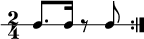 
\new RhythmicStaff { \clef percussion \time 2/4 \set Staff.midiInstrument = #"woodblock" \repeat volta 2 { c8. c16 r8 c } }
