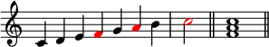 { \override Score.TimeSignature #'stencil = ##f \relative c' { \clef treble \time 7/4 c4 de \once \override NoteHead.color = #red fg \once \override NoteHead.color = #red ab \time 2/4 \once \override NoteHead.color = #red c2 \bar "||" \time 4/4 <f, a c>1 \bar "||" } }