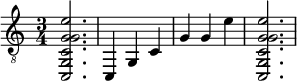 { \clef "treble_8" \time 3/4 <c, g, cgg e'>2. <c, >4 <g, >4 <c >4 <g >4 <g >4 <e' >4 <c, g, cgg e'>2. }