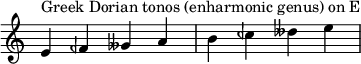 { \override Score.TimeSignature #'stencil = ##f \relative c' { \clef treble \time 4/4 e4^\markup { ギリシャのドリアン調音(異名同音属)E } feh geses ab ceh deses e } }