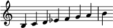 { \override Score.TimeSignature #'stencil = ##f \relative c' { \clef treble \time 7/4 b4 cd es fgab } }