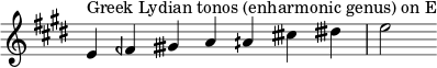 { \key e \major \override Score.TimeSignature #'stencil = ##f \relative c' { \clef treble \time 7/4 e4^\markup { ギリシャ・リディア旋法(異名同音)E 音 } feh gisih a aih cisih disih e2 } }