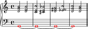 \new PianoStaff << \new Staff << \new Voice \relative c' { \clef treble \key c \major \time 4/4 <dg b>2 <df b> <ce c'> <cis e bes'> <d fis a> <es fis c'> <dg c> <dg b> } >> \new Staff << \relative c { \clef bass \key c \major \time 4/4 \override NoteHead.color = #red g1~ g~ g~ g \bar "||" } >> >>
