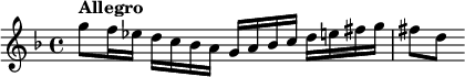 
    \relative c''' { \set Staff.midiInstrument = #"violin" \set Score.tempoHideNote = ##t \tempo 4 = 120 \key g \dorian \time 4/4 g8^\markup \bold "Allegro" f16 es dc bes aga bes cde fis g fis8[ d] }
