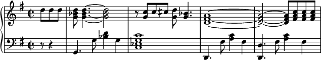 { \new PianoStaff << \new Staff << \relative c'' { \clef treble \key g \major \time 2/2 \partial4. d8 dd <g, bes d>8 <g~ bes~ d~>4. <g bes d>2 r8 <g c> c cis <g d'> <g bes>4. <d~ fis~ a~>1 <d~ fis~ a~>2 <d fis a>8 <fis a c> <fis a c> <fis a c> } >> \new Staff << \relative c { \clef bass \key g \major \time 2/2 \partial4. r8 r4 g4. g'8 <bes d>4 g <c, es g c>1 d,4. fis'8 <a c>4 fis <d, d'>4。 fis'8 <a c>4 fis } >> >> }