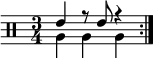 \new DrumStaff << \new voice \drummode { \set Score.tempoHideNote = ##t \tempo 4 = 120 \time 3/4 \stemUp \repeat volta 2 { tommh4 r8 tommh r4 } } \new voice \drummode { \stemDown \repeat volta 2 { tomfh4 tomfh tomfh } } >>