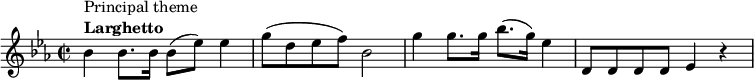 \relative c'' { \set Score.tempoHideNote = ##t \tempo 8 = 100 \key es \major \time 2/2 bes4^\markup { \column { \line { 主主題 } \line { \bold { ラルゲット } } } } bes8. bes16 bes8( es) es4 g8( d es f) bes,2 g'4 g8. g16 bes8.( g16) es4 d,8 ddd es4 r4 }