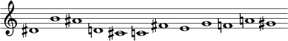 { \override Score.SpacingSpanner.base-shortest-duration = #(ly:make-moment 1/2) \omit Score.TimeSignature \omit Score.BarLine dis'1 b'1 ais'1 d'!1 cis'1 c'!1 fis'1 e'1 g'1 f'!1 a'!1 gis'1 }